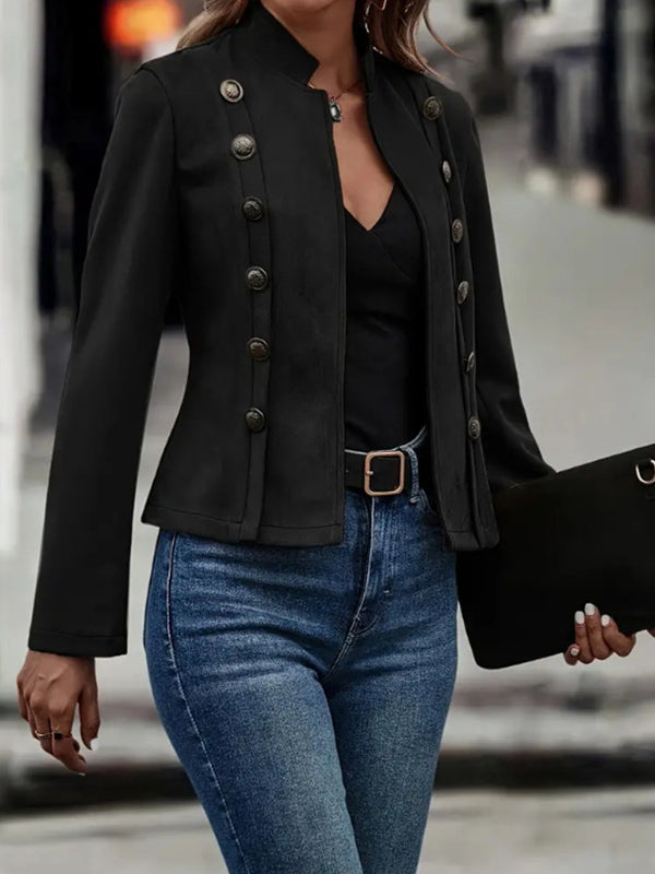 Buttoned Split-Joint Long Sleeves Loose Stand Collar Outerwear