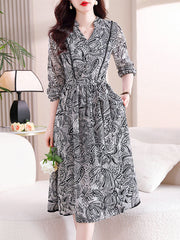 Elasticity Flower Print Tied Waist Long Sleeves Loose V-neck Midi Dresses