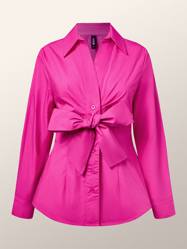 Long Sleeves Bow-Embellished Buttoned Solid Color Lapel Blouses&Shirts Tops