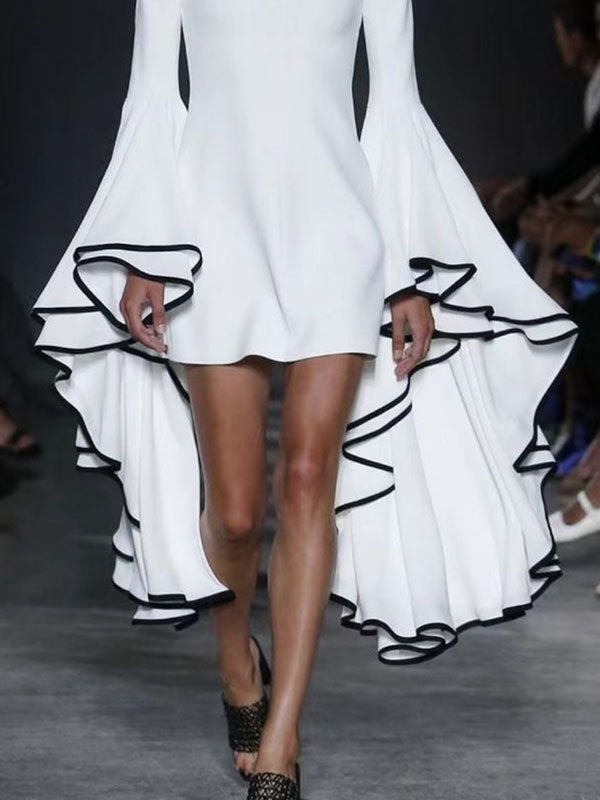 Solid Color Flared Sleeves Long Sleeves Stand Collar Mini Dresses