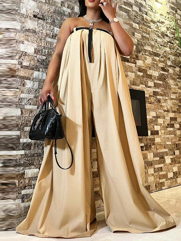 Belted Pleated Pockets Solid Color Loose Sleeveless Tube Jumpsuits