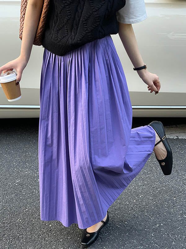 Elasticity Pleated Solid Color A-Line High Waisted Skirts