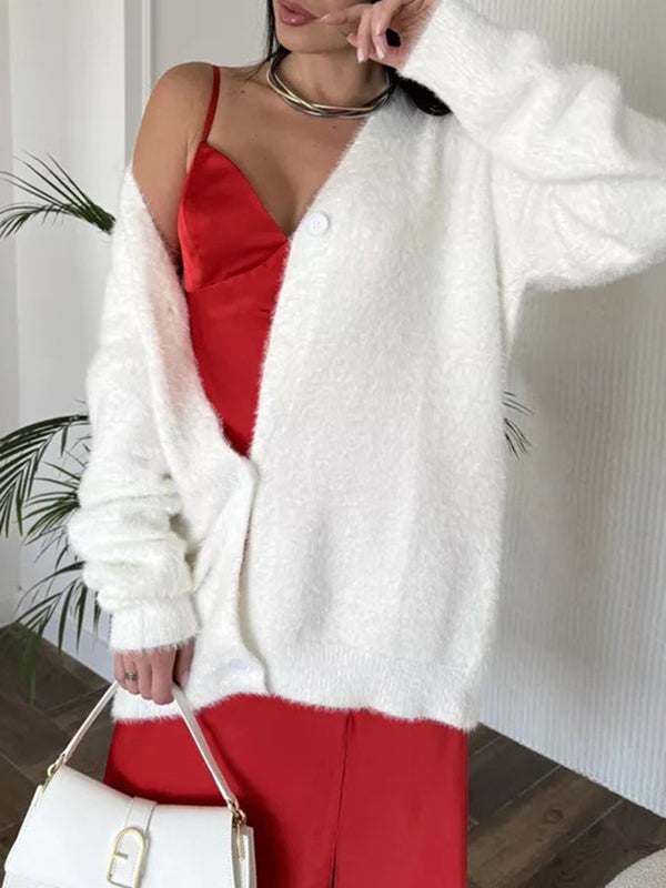 Buttoned Solid Color Long Sleeves Loose V-Neck Cardigan Tops