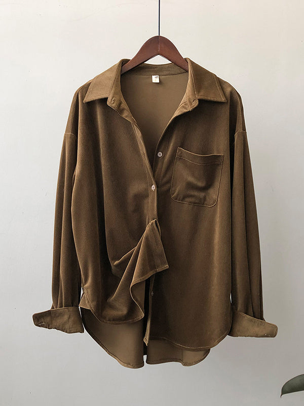 Casual Long Sleeves Loose Buttoned Solid Color Lapel Collar Blouses&Shirts Tops