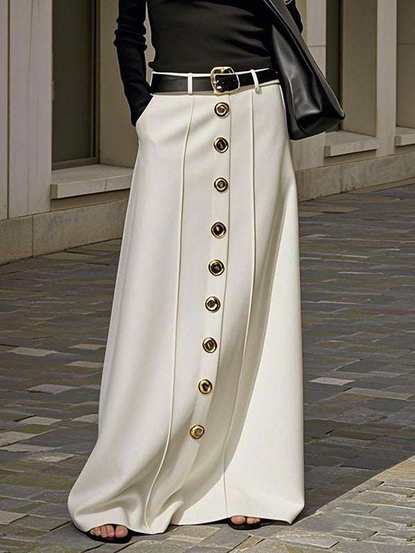 Buttoned No Belt Pockets Solid Color Loose Skirts Bottoms