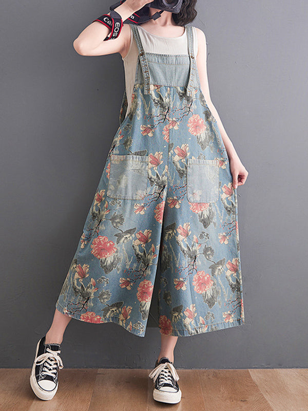 Buttoned Floral Printed Split-Joint Loose Oversize Overalls Ninth Pants