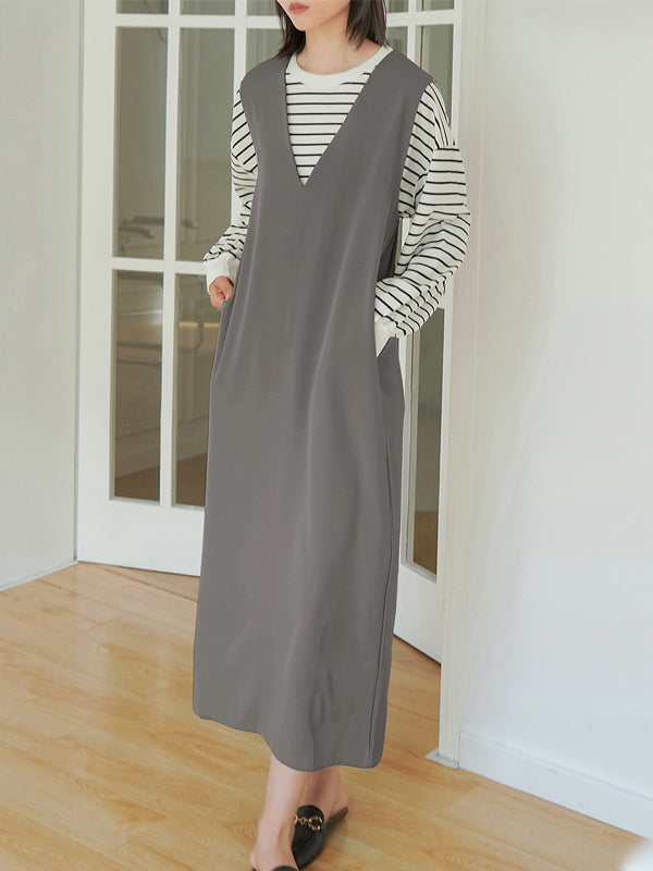 Casual A-Line Sleeveless Solid Color V-Neck Midi Dresses