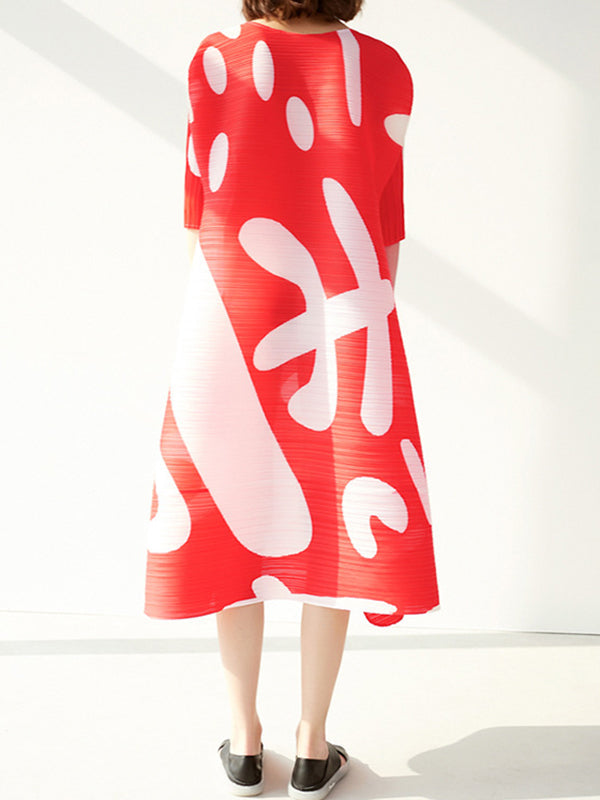 Pleated Print Half Sleeves Loose Round-neck Midi Dresses