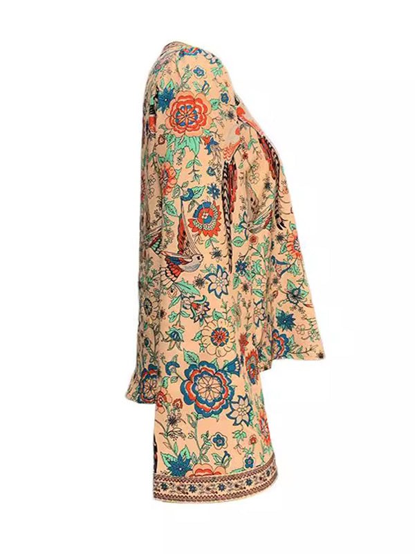 Flower Print Flared Sleeves Long Sleeves V-Neck Blouses&Shirts Tops