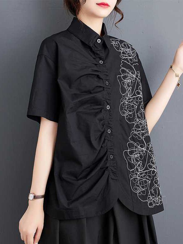 Buttoned Embroidered Pleated Irregularity Loose Lapel Collar Blouses&Shirts Tops