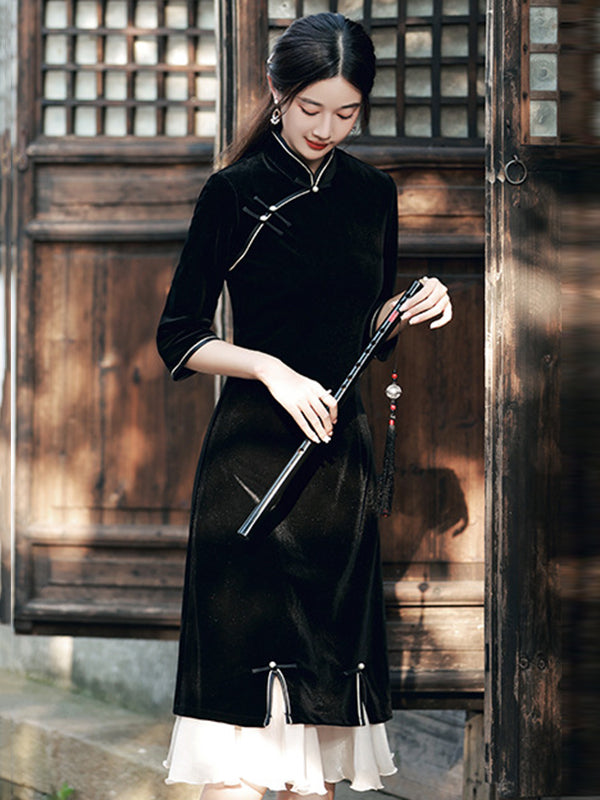 Vintage Beaded False Two Half Sleeves Long Cheongsams