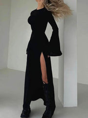 Asymmetric Solid Color Split-Joint Split-Side Long Sleeves Loose Round-Neck Maxi Dresses