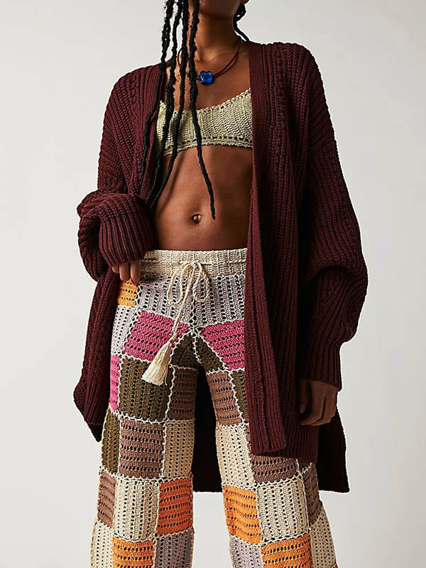 Hollow Solid Color High-low Long Sleeves Collarless Cardigan Tops
