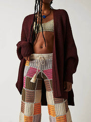 Hollow Solid Color High-low Long Sleeves Collarless Cardigan Tops