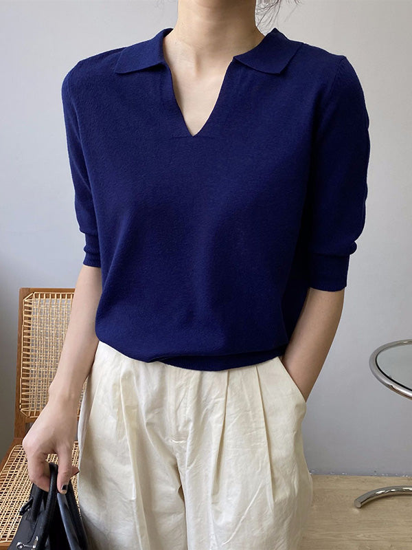 7 Colors Urban Solid Color Half Sleeves Knitting Shirt Top