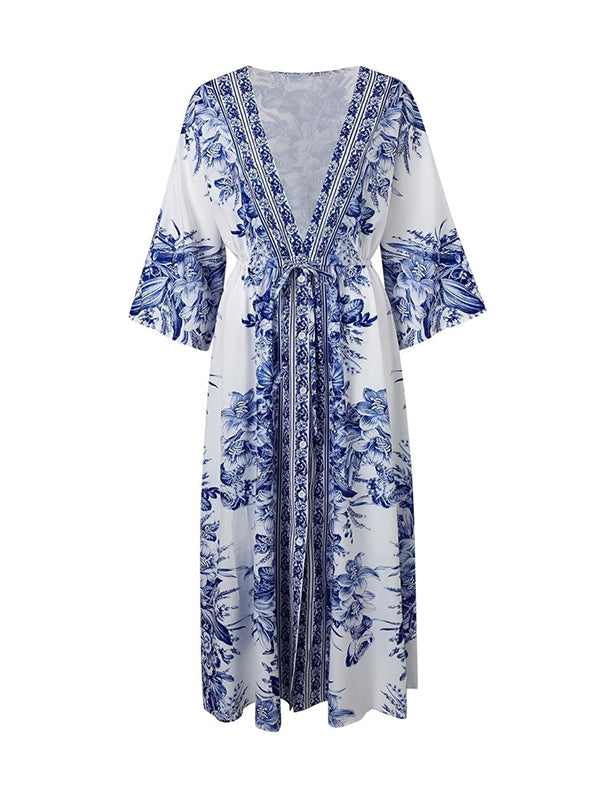 Buttoned Drawstring Flower Print Pleated Tied Waist Long Sleeves Loose V-Neck Maxi Dresses