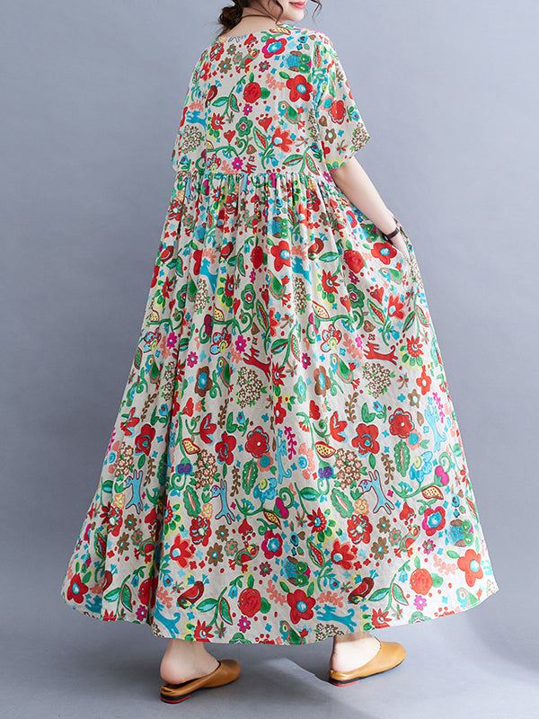 Pleated Printed Split-Joint Loose Short Sleeves Round-Neck Midi Dresses