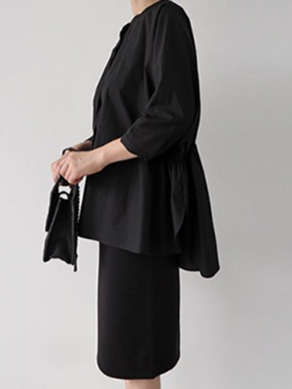 Simple Loose Round-Neck White Black Blouse