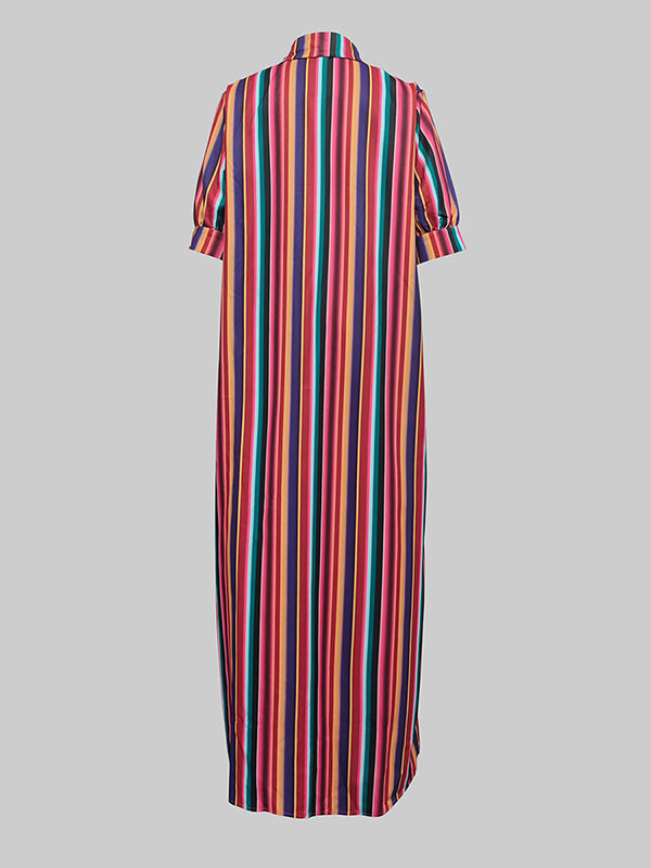 Split-Joint Striped Long Sleeves Loose Lapel Shirt Dress Maxi Dresses