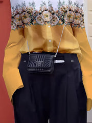 Buttoned Flower Print Hollow Split-Joint Long Sleeves Loose Cold Shoulder Blouses&Shirts Tops
