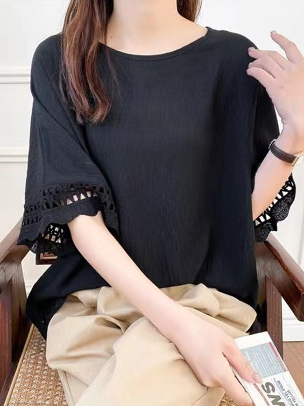 Hollow Solid Color Flared Sleeves Half Sleeves Round-Neck T-Shirts Tops