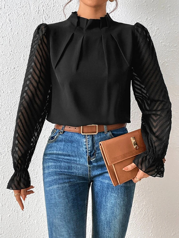 Elasticity Mesh Pleated Solid Color Long Sleeves Loose Mock Neck Blouses&Shirts Tops