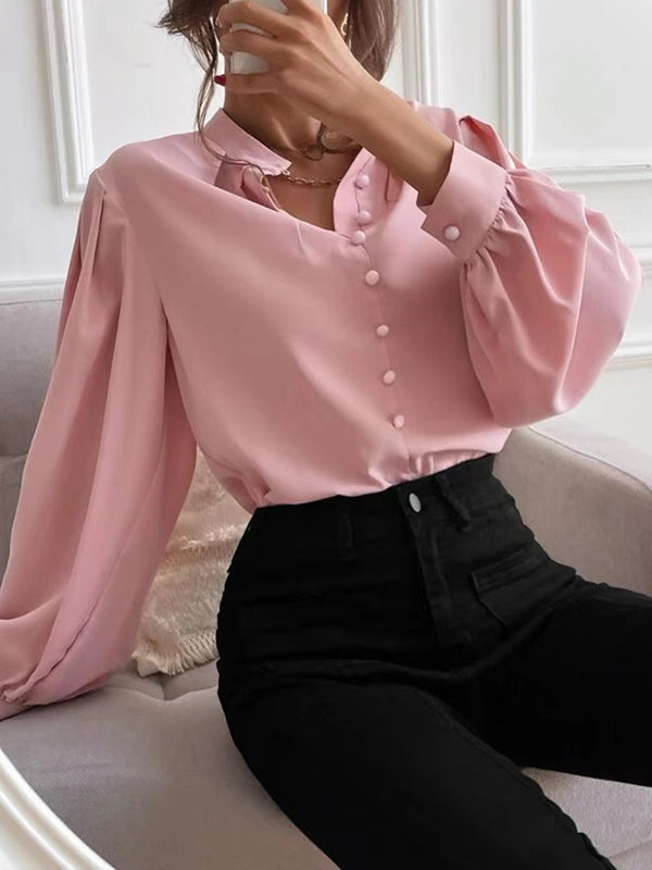 Pleated Solid Color Split-Joint Loose Puff Sleeves Stand Collar Blouses