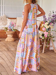 Contrast Color Flower Print Plaid Printed Loose Sleeveless Round-Neck Maxi Dresses