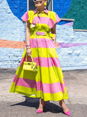 Belted Buttoned Contrast Color Pleated Pockets High Waisted Loose Lapel Shirt Dress Maxi Dresses