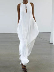 Hollow Solid Color Loose Sleeveless Round-Neck Maxi Dresses