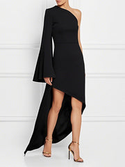 High-Low Long Sleeves Asymmetric Solid Color One-Shoulder Maxi Dresses