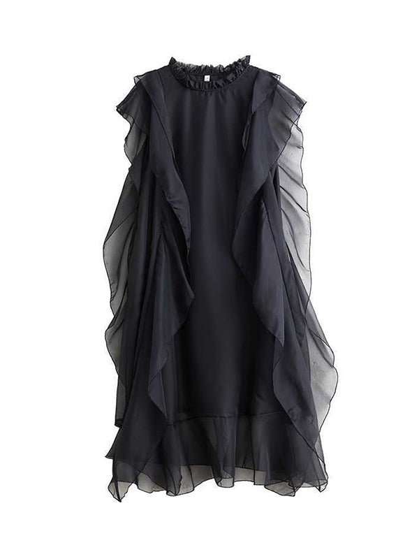 Falbala Ruffled Solid Color Loose Ruffle Sleeves Round-neck Midi Dresses