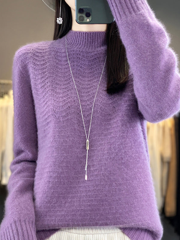 Solid Color Long Sleeves Loose Mock Neck Sweater Tops Pullovers