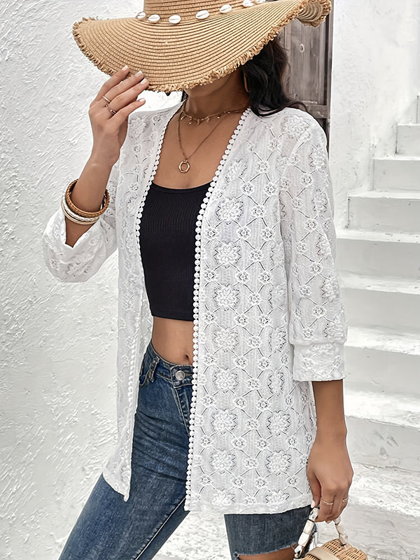 Solid Color Split-Joint Wood Ear Lace Loose Three-Quarter Sleeves Collarless Outerwear