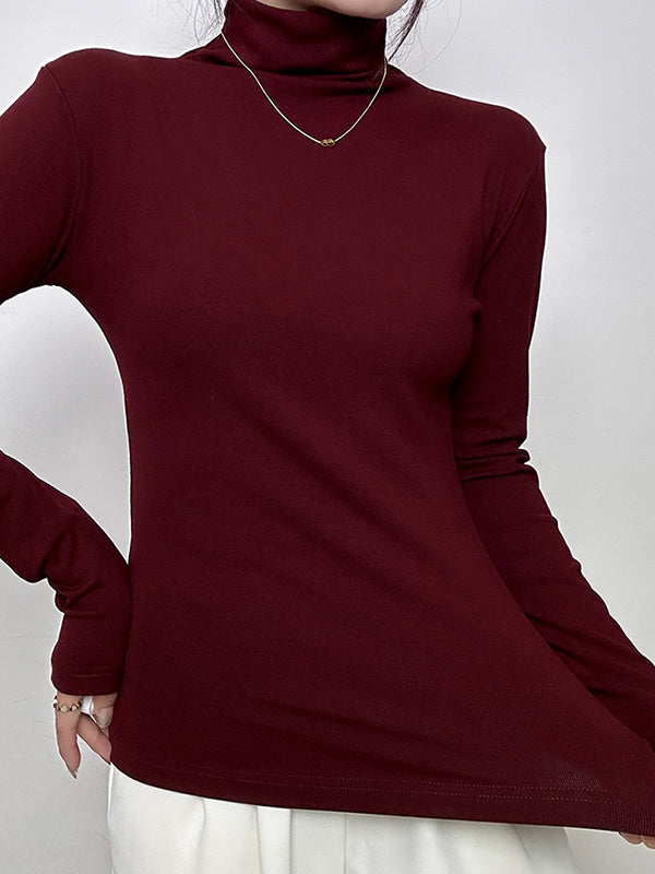 Solid Color Long Sleeves Skinny High Neck T-Shirts Tops