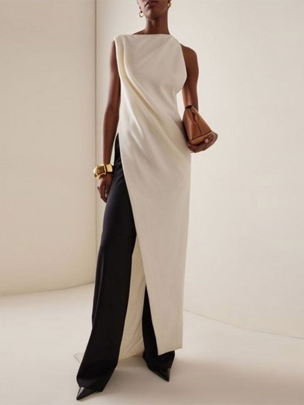 Pleated Solid Color Sleeveless Boat Neck Vest Top
