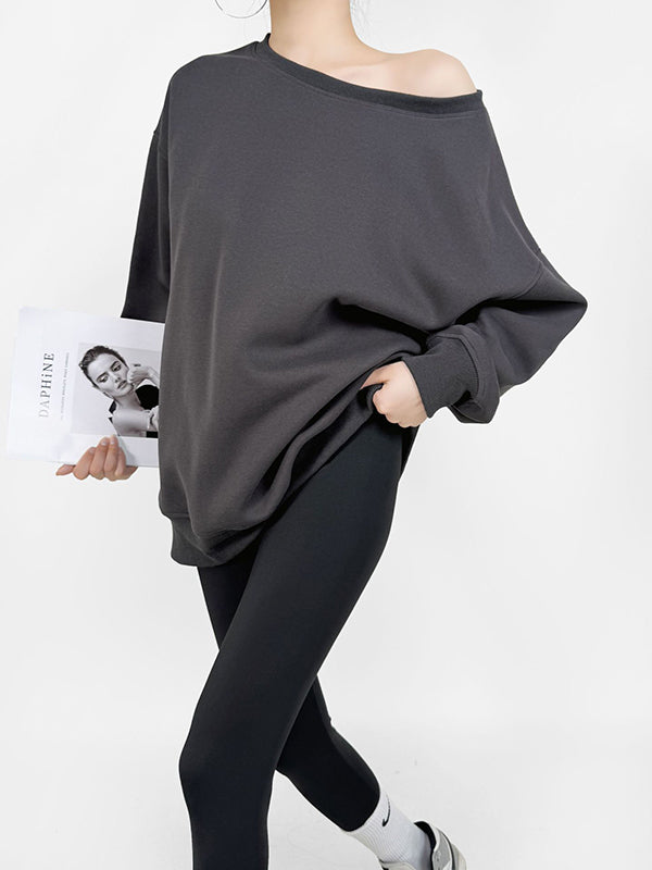 Solid Color Split-Joint Long Sleeves Loose Round-neck Sweatshirt Tops