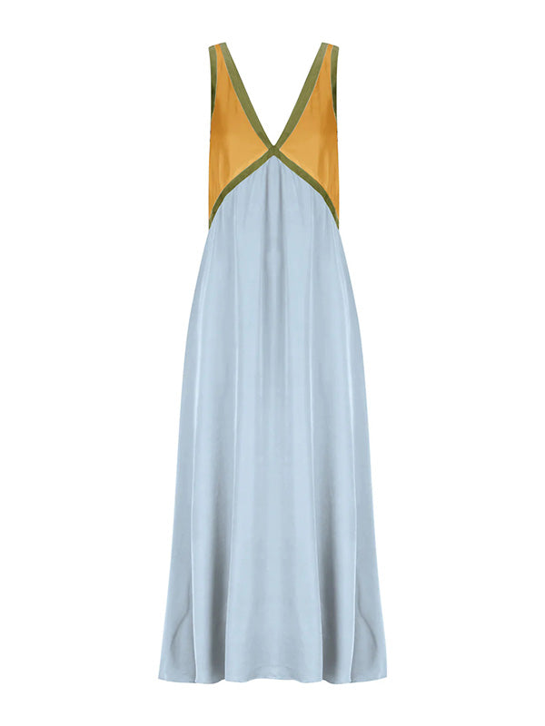Contrast Color Split-Joint Loose Sleeveless Deep V-Neck Maxi Dresses