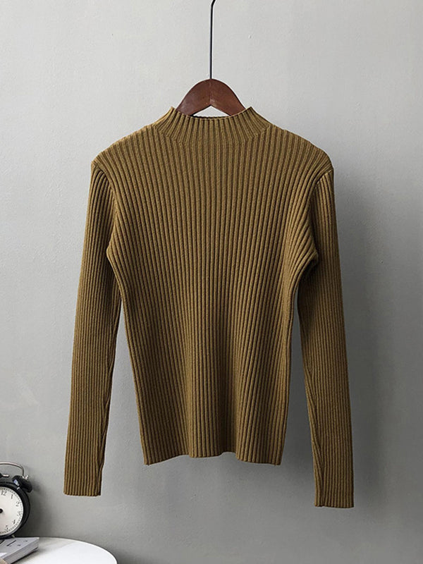 Simple Long Sleeves Skinny Leg Solid Color High-Neck Sweater Tops