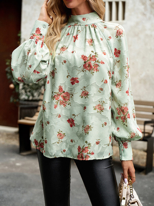 Flower Print Tied Long Sleeves Loose Mock Neck Blouses&Shirts Tops