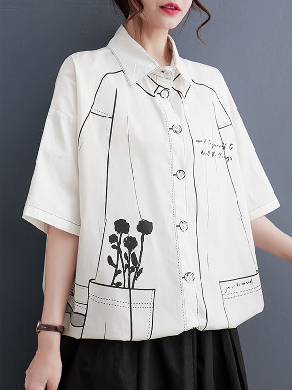 Contrast Color Printed Split-Joint Loose Short Sleeves Lapel Blouses