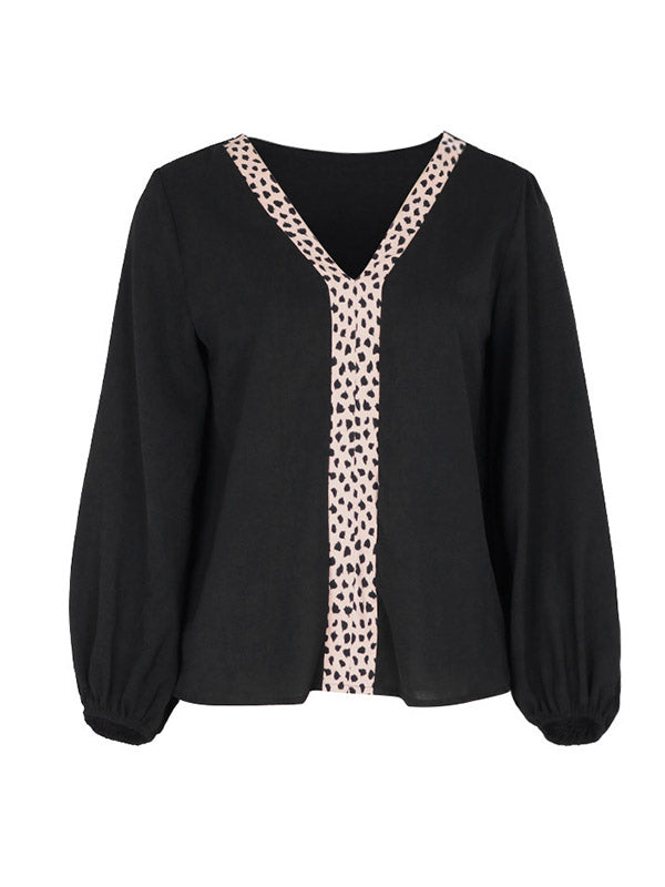 Elasticity Leopard Split-Joint Long Sleeves Loose V-Neck Blouses&Shirts Tops