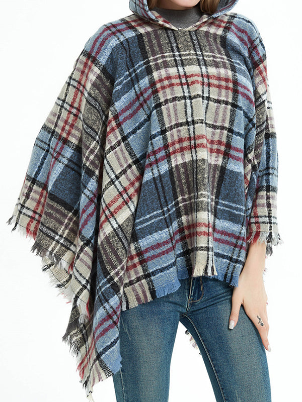 Fringed Hooded Keep Warm Plaid Shawl&Cloak Cape