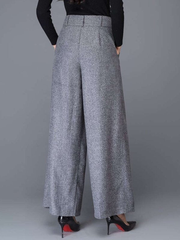Buttoned No Belt Pleated Pockets Solid Color Split-Joint Loose Wide Leg Trousers Pants