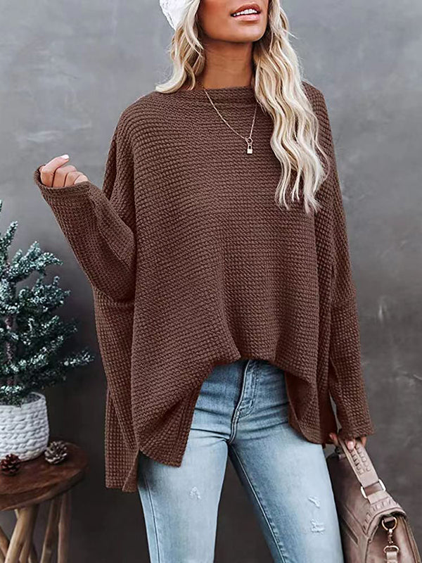 Solid Color Split-side Long Sleeves Loose Boat Neck T-shirts