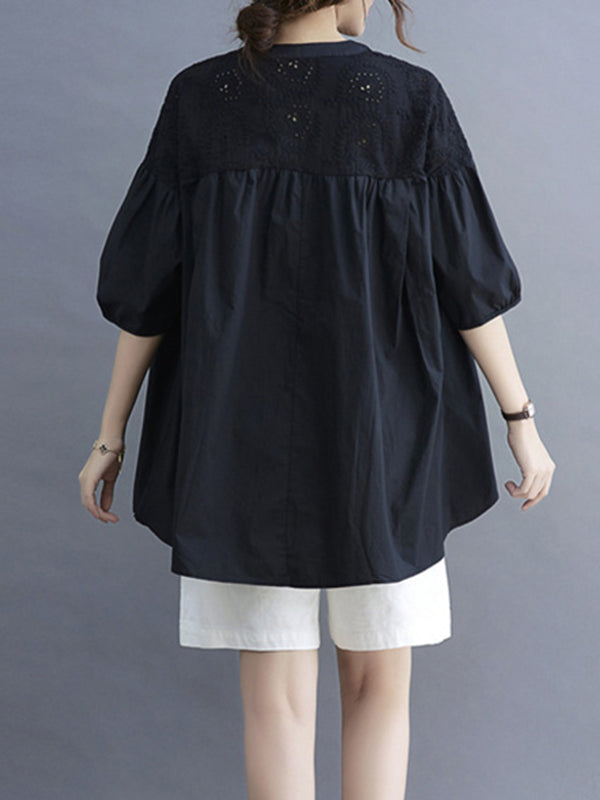 Hollow Pleated Solid Color Split-Joint Half Sleeves Loose V-Neck T-Shirts