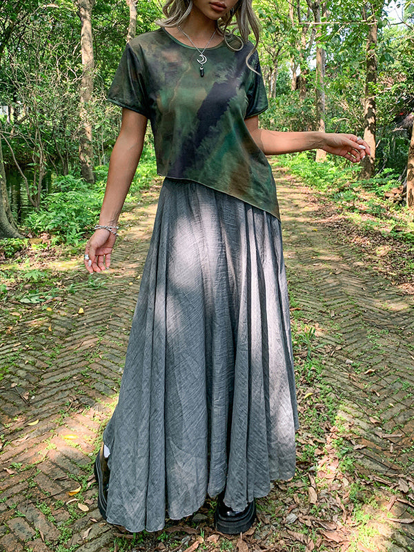 Asymmetric Split-Joint Tie-Dyed Irregular Clipping Short Sleeves Round-Neck T-Shirts