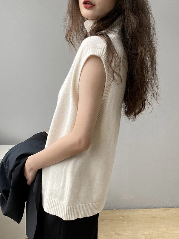 Simple Loose Solid Color High-Neck Knitting Vest Top