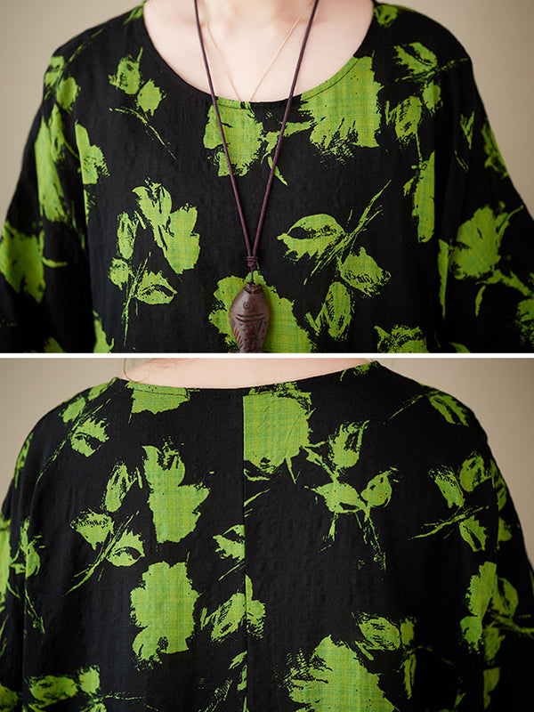 Floral Pleated Loose Round-neck Midi Dresses