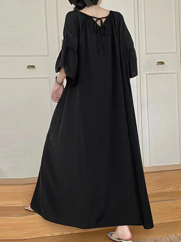 Solid Color Half Sleeves Loose Round-Neck Midi Dresses